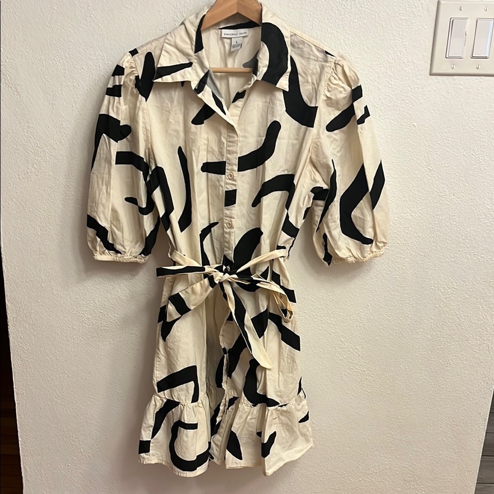 Geometric Button Down Puff Sleeve Mini Dress